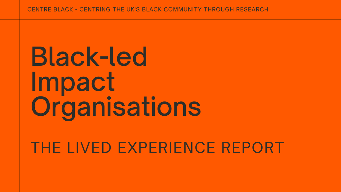 Orange background with black text 'Black-led Impact Organisations - The Lived Experience Report'